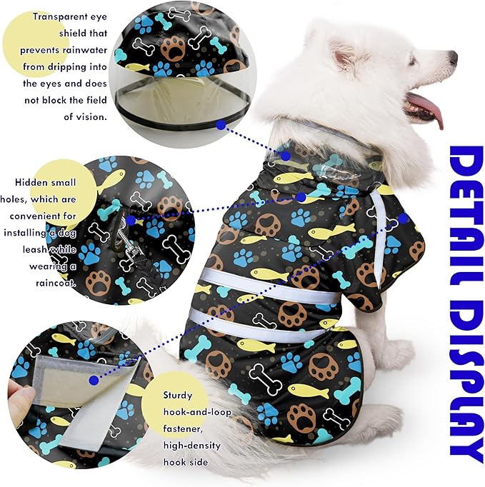 Dog Raincoat, Adjustable Rain Jacket with Hooded Double Layer for Large Medium Small Dogs Puppies, Lightweight Waterproof Rain Coat Poncho with Reflective Stripe Paw Print Black,XXL