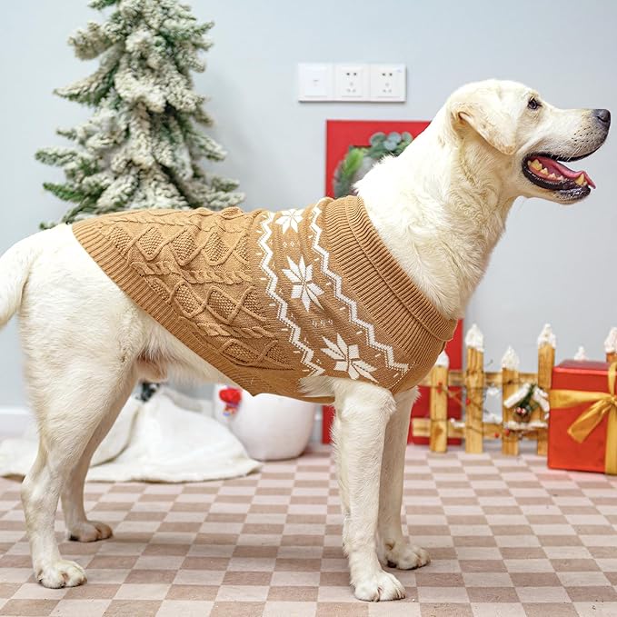 Warm Winter Dog Sweater - Cold Weather Pet Clothes for Small Medium Large Dogs Indoor Outdoor, Soft Classic Knit Puppy Apparel, Khaki, M
