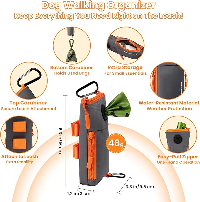 Dog Poop Bag Holder for Leash with 2 Waterproof Storage Pouches, Carabiner Clip, Zipper Soft Doggy Pouch for Pet Waste Bags, Dog Walking, Training, Travel (Grey)