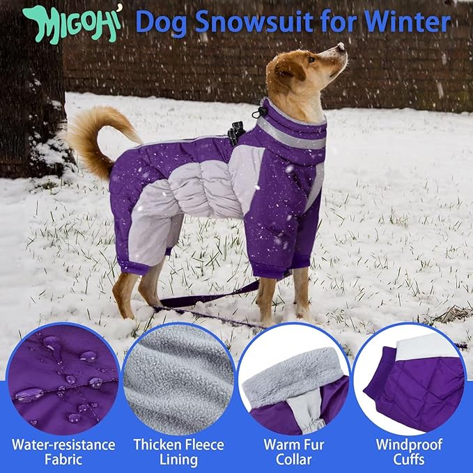 MIGOHI Full Body Dog Coat - Warm Reflective Large Dog Winter Coat with Harness,Turtleneck Fleece Jacket for Dogs,Four-Leg Windproof Puffer Jackets Snowsuit with Zipper for Small Medium Large Dogs,3XL