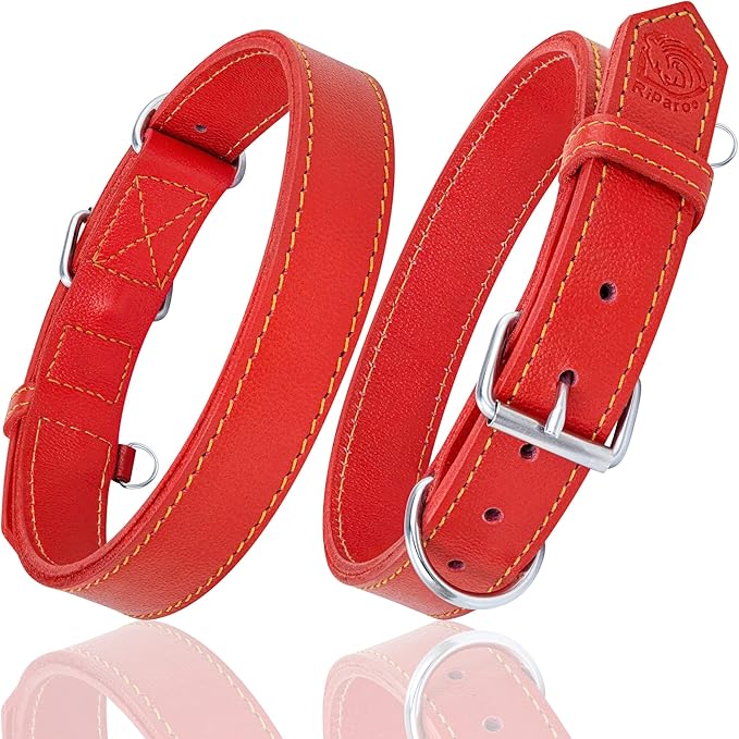 Riparo Dog Collar - Genuine Leather Dog Collars - Heavy Duty Dog Collars for Medium Large and Extra Large Dog Breeds (XL: 1.5” Wide for 22” - 26” Neck, Red)