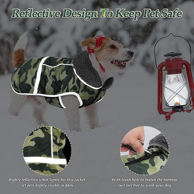 Dogcheer Warm Dog Coat, Waterproof Dog Jacket Reflective Adjustable Puppy Winter Coat with Buckle, Christmas Pet Snow Jacket Turtleneck Fleece Sweater for Small Medium Large Dogs- Camo Green, 2XL