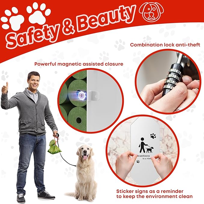 Dog Poop Bag Dispenser Wall Mount with 2Pcs Holders and 8 Rolls of Waste Bag, Metal, Corrosion-resistant, Combination Lock, Dark Gray, Suitable for Outdoor, Indoor, Raising Dogs