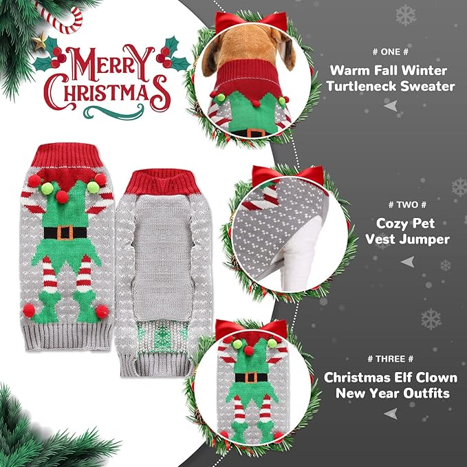 PETCARE Dog Christmas Sweater Ugly Elf Clown Cat Sweater Vest Pet Jumper Grey Green Holiday Dog Clothes Puppy Sweaters for Small Medium Large Dogs Cats Fall Winter Outfits Xmas Dogs Costume,XX-Small