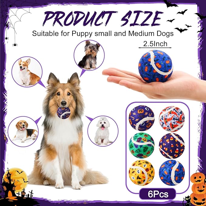 Civaner 6 Pcs Halloween Dog Toys Bulk, 2.5 Inch Squeaky Tennis Balls for Small Medium Large Dogs Pets Puppy Chew Teething Toy Interactive Training Gifts Xmas Stocking Stuffers