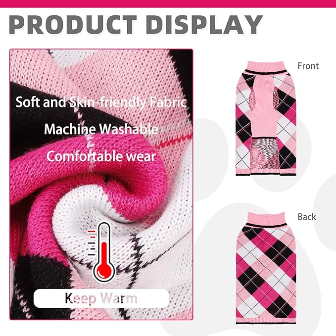 KOOLTAIL Dog Sweater Pet Knitted Clothes - Classic Plaid Pull Over Turtleneck Dog Sweaters with Leash Hole Warm Dogs Winter Clothing for Small Medium Dogs Cats Puppy L
