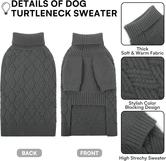 KOESON Dog Sweater Large, Warm Halloween Dog Sweaters for Large Sized Dogs, Cable Knit Sweater for French Bulldog, Pug, Corgi, Boston Terrier, Easy On Winter and Fall Sweaters for Dogs, Grey, L