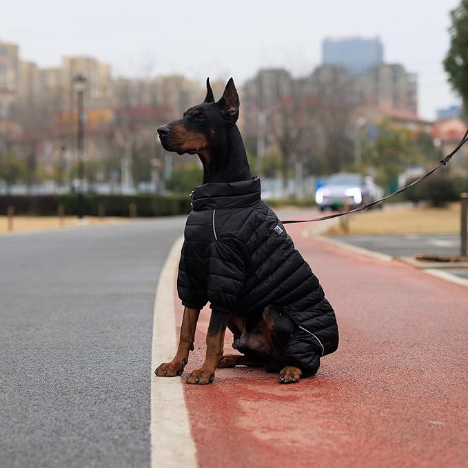 lovelonglong Dog Coat Dog Warm Jacket, 4 Legs Covered Waterproof Windproof Reflective Warm Dog Vest, Zippered Adjustable Outdoor Dog Snow Jacket for Small Medium Large Dogs Black XXL
