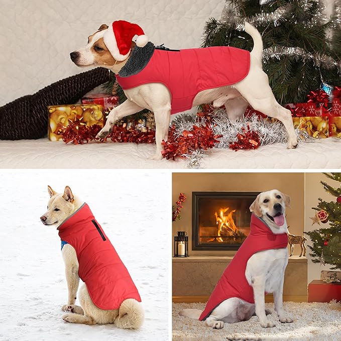 Dog Winter Coat, Waterproof Dog Jacket with Leash Hole, Reflective Adjustable Pet Snow Vest, Warm Fleece Sweater for Small Medium Large Dogs - Red, 3XL