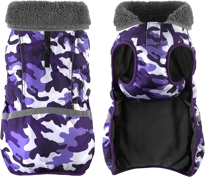 Dogcheer Warm Dog Coat, Waterproof Dog Jacket Christmas Puppy Winter Coat with Buckle, Reflective Adjustable Pet Snow Jacket Turtleneck Fleece Sweater for Small Medium Large Dogs - Camo Purple, L