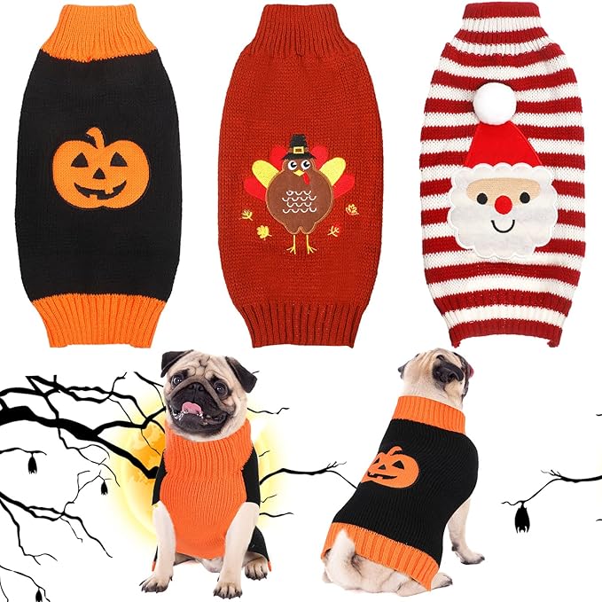 Sanwuta 3 Pieces Halloween Thanksgiving Christmas Dog Sweaters Sets Pumpkin Turkey Santa Puppy Dog Clothes Pet Knitwear for Dog Cat Pet Costume(Small)