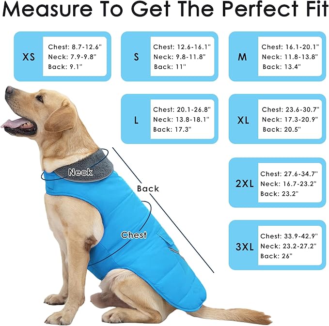 Dog Coat, Waterproof Dog Winter Jacket with Pocket, Reflective Adjustable Pet Snow Vest, Warm Cozy Fleece Sweater for Small Medium Extra Large Dogs - Sky Blue, 3XL