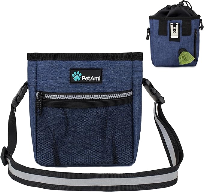 PetAmi Dog Treat Pouch, Pet Treat Pouch for Training, Dog Walking Bag Holder for Kibbles, Pet Food Toy, Dog Trainer Essentials Supplies, Poop Bag Dispenser, 3 Ways to Wear (Heather Navy)