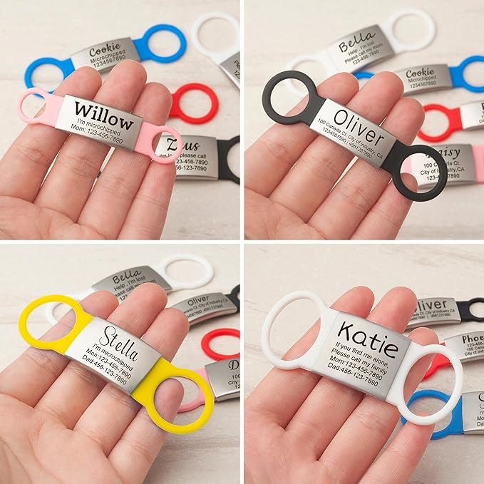 Anavia Slide On Silent Pet ID Tags, S/M/L/XL Personalized Multi-Color Silicone Band Cat Dog Name Tags, Customized Engraved Stainless Steel, Chew-Proof Quiet Dog Collar Tags (Medium, Black)