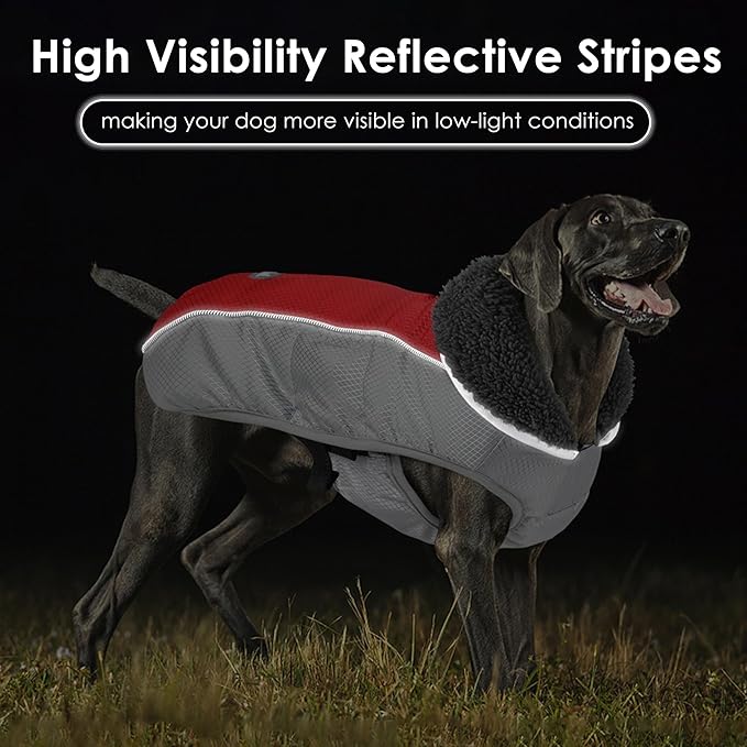 Dog Coat, Waterproof Ripstop Dog Winter Jacket with Leash Hole, Reflective Adjustable Warm Pet Fleece Snow Sweater for Small Medium Large Dogs - Red, L