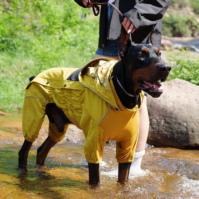 LOVELONGLONG Fleece-Lined Dog Raincoat with Removable Hood – Waterproof Winter Full Body Dog Jacket – Windproof Snowproof Cold-Weather Suit – Yellow-F 3XL