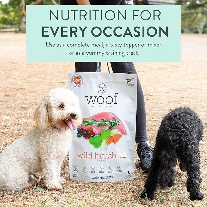 The New Zealand Natural Pet Food Co WOOF Freeze Dried Dog Food - Wild Brushtail Recipe, High Protein Dog Treats, Dog Food Toppers & Meals, 2.2 lb