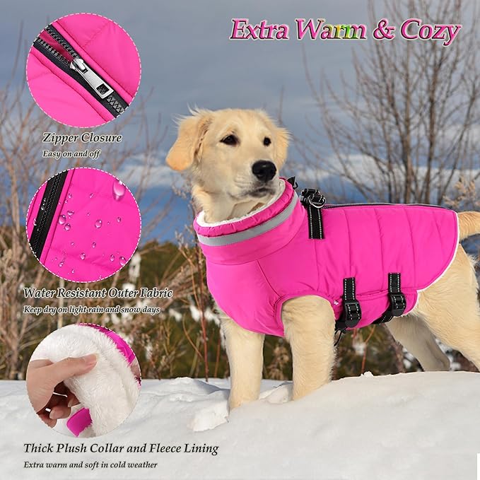 Dogcheer Dog Coat, Waterproof Dog Jacket with Harness, Reflective Adjustable Puppy Winter Coat with Zipper, Christmas Pet Snow Jacket Clothes for Small Medium Large Dogs - Pink XS