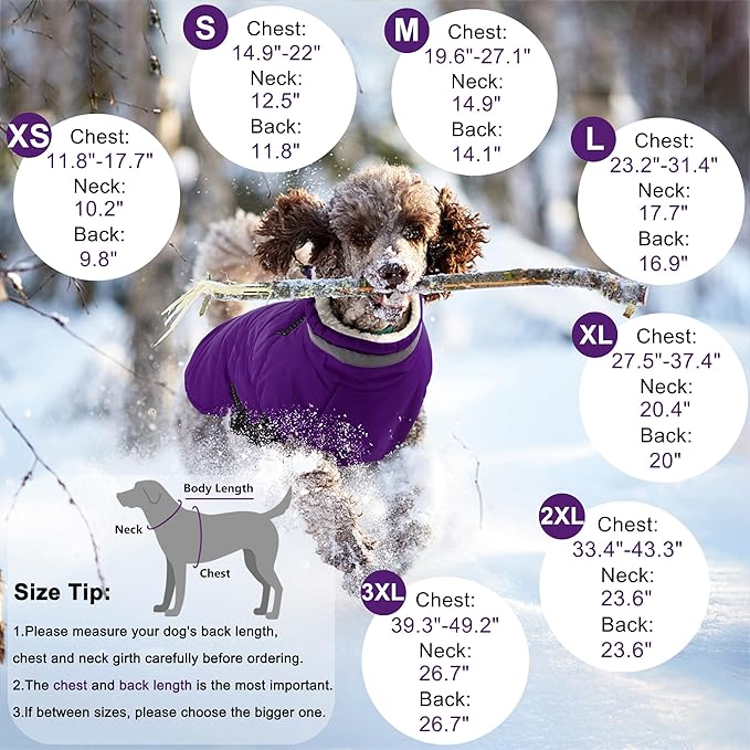 Dogcheer Dog Coat with Harness, Waterproof Dog Jacket Adjustable Pet Winter Coat with Zipper, Christmas Puppy Snow Jacket Fleece Sweater for Small Medium Large Dogs - Purple 2XL
