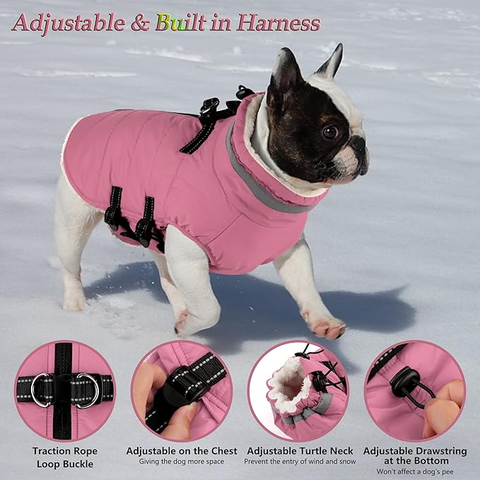 Dogcheer Dog Coat with Harness, Waterproof Dog Jacket Adjustable Winter Coat with Zipper, Christmas Puppy Snow Jacket Fleece Sweater for Small Medium Large Dogs - Light Pink XS