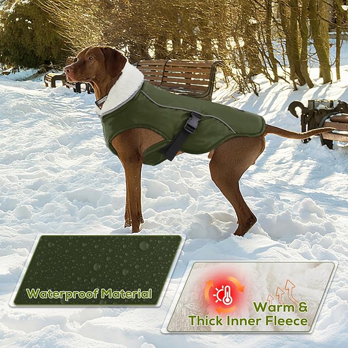 EMUST Dog Coat Winter, Waterproof Pet Snow Jacket for Winter, Adjustable Small/Medium/Large Dog Coat, Green, L