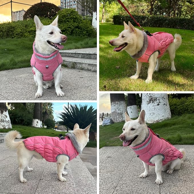 Malier Dog Coat, Reflective Dog Jacket Waterproof Windproof Puppy Cold Weather Coats with Harness Built in, Winter Extra Warm Pet Coat Fleece Vest for Small Large Pets and Puppy (Pink, XXX-Large)