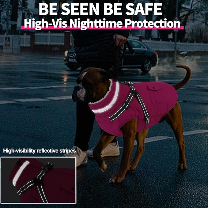 Dogcheer Dog Coat with Harness, Waterproof Warm Dog Winter Jacket with Pockets, Reflective Pet Fleece Jacket Turtleneck Snowsuit for Small Medium Large Dogs - Pink, XS