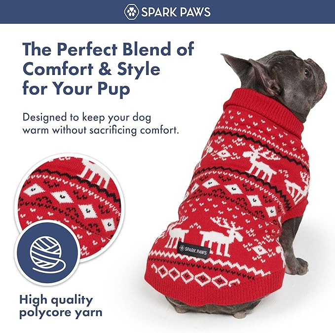 Spark Paws Christmas Dog Sweater – Ultra Soft Holiday Knit Sweater for Small, Medium & Large Dogs, Cute Pet Sweater for French Bulldogs & Big Dogs, Easy Potty V Cut Design Jacket - (Dasher Red,M)