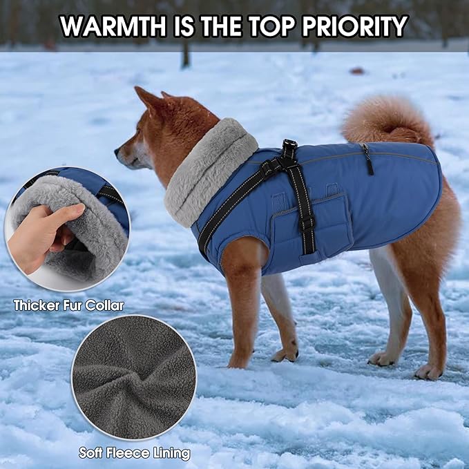 PETDSH Dog Coat Medium, Built-in Harness Dog Jacket with Warm Fleece Lining, Waterproof Reflective Dogs Winter Coat, Pet Coats with Pocket and Trash Bags (Navy Blue, Medium)