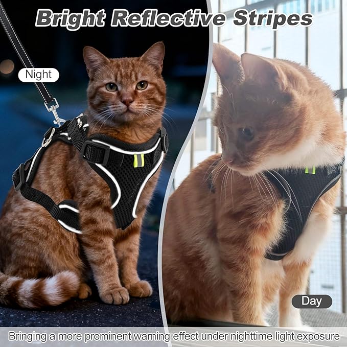 Kitten Cat Harness and Leash Set, Escape Proof Soft 4-Adjustable Cat Walking Vest Harness, Reflective Strips in Harness for Kitty Puppy Bunny Car Travel, with Car Seatbelt Leash (Black, S)