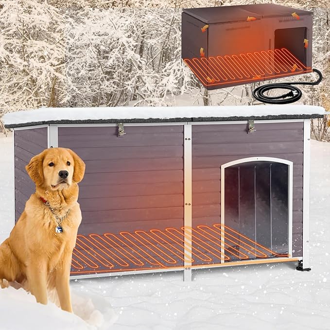 Aivituvin Large Heated Dog House, Outdoor Kennel with Insulation Liner, 59 Inch, Iron Frame Construction, Winter Weatherproof Design, Built-in Heater，Grey