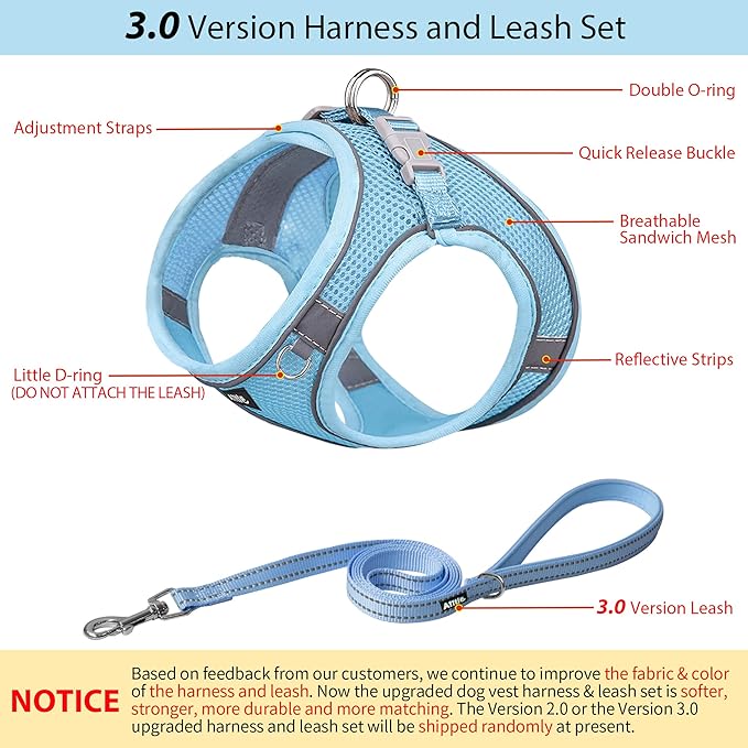 AIITLE Comfortable Dog Harness and Leash Set for Walking - Summer Step in Vest Harness,Reflective Bands, Adjustable No Pull Puppy Essentials, for Small Dogs and House Cats Pure Blue XS