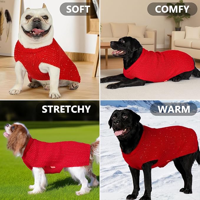 KYEESE Dog Christmas Sweater with Leash Hole Comfy Pullover Sweater Medium Size Male with Reflective Yarn Warm Pet Coats Stretchy Cozy Lightweight Thick Knitwear Dog Clothes,Red, X-Large