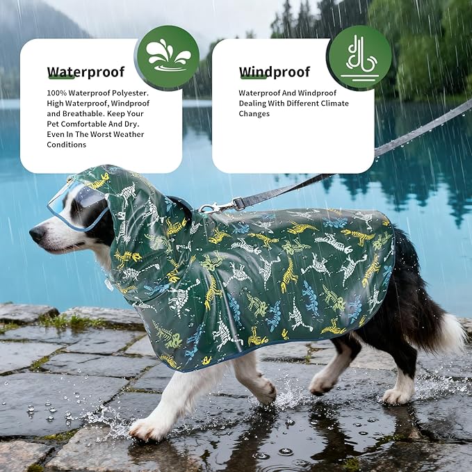 Dog Raincoat, Waterproof Windproof Dog Rain Jacket with Hood, Rain Coat with Leash Hole, Adjustable Raincoat Poncho for Small Medium Large Dogs Outdoor (Green, X-Large)
