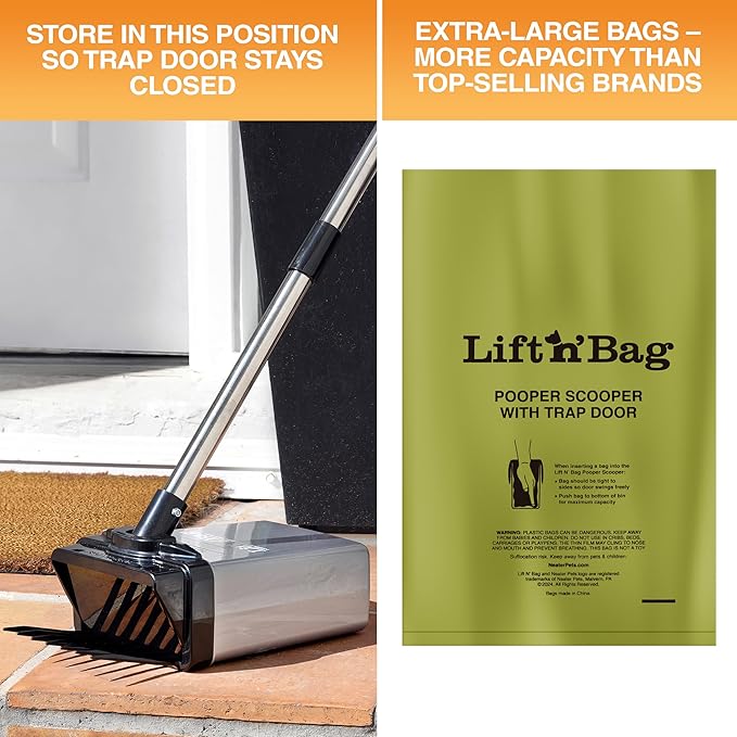 Neater Pet Brands Lift N’ Bag 2.0 Dog Pooper Scooper with Bag Attachment & 27" Pole for Small to Large Dogs, New & Improved Design, 15 Refill Bags, Heavy Duty Dog Poop Scooper for Yard, One-Hand Use