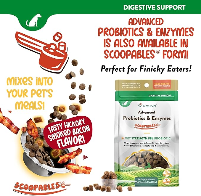 NaturVet Advanced Probiotics & Enzymes, PB6 Dog Soft Chews to Help Sensitive Stomachs and Digestive Issues, Hickory Smoked Bacon Flavored Pet Supplement for Dogs Over 6 Weeks, 120 Count Jar