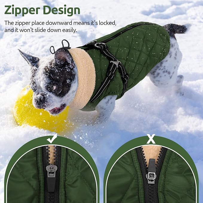 Queenmore Dog Coats for Large Dogs, Dog Jacket, Warm Fleece Winter DogCoat with Harness Built in, Back Zipper Pet Jacket for Large Breeds, Thick Fleece Lining Pet Snowsuit, ArmyGreen 2XL