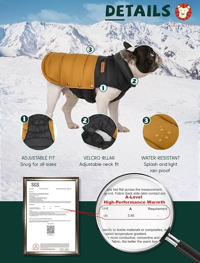 SPACE LION Dog Puffer Jacket, Down Winter Coat, Durable Outdoor Coat for Cold and Windy Conditions, Waterproof, Lightweight Jacket, Adjustable Fit for Small, Medium, Large Dogs(BlackKhaki,20/XL)