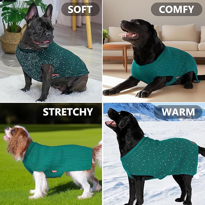 KYEESE Dog Christmas Sweater for Large Dogs with Leash Hole Warm Pullover with Reflective Yarn Male Thick Stretchy Knitwear Winter Soft Pet Coat boy Cold Weather Comfy Dog Sweaters,Green, XX-Large