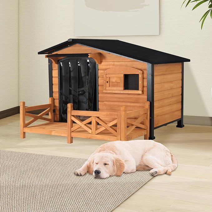 Dog House for Outdoor Use with Matel Frame, Waterproof Design- All-Weather Wooden Kennel with Sliding Window & Metal Frame (Wood, L)