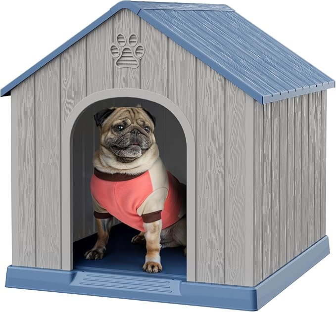 Dog House Outdoor Indoor, Plastic Small Dog House-Weatherproof & Insulated Design with Air Vents & Elevated Floor for Small to Medium Dogs, Easy Clean and Assemble (Blue)