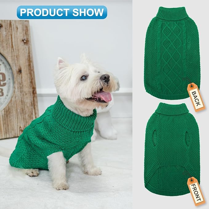 Mihachi Turtleneck Dog Sweater - Winter Coat Apparel Classic Cable Knit Clothes with Leash Hole for Cold Weather, Ideal Gift for Pet in New Year Green X-Small