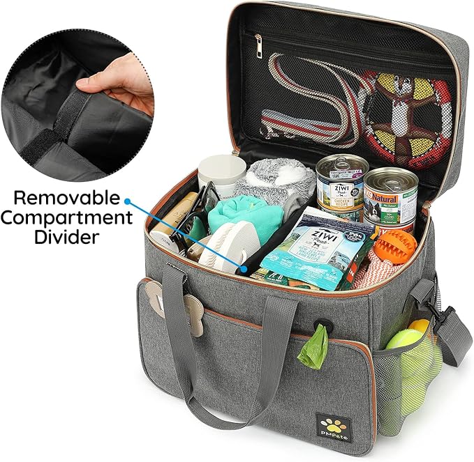 Dog Travel Bag for Week Away/Overnight Trips - Multi-Function Pockets, Ideal Dog Diaper Bag & Travel Kit (Grey)