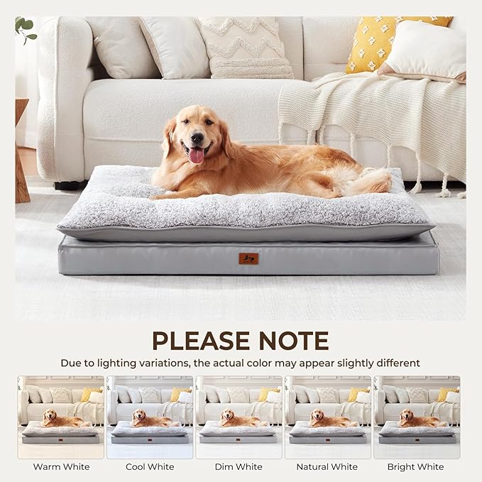 Orthopedic Dog Bed for Ctrate, Waterproof PillowTop Pet Bed for Medium Large Size Dogs, Egg-Crate Foam Dog Crate Mat with Removable Washable Cover, 2-Layers Kennel Pad 55"L x 42"W, Light Grey