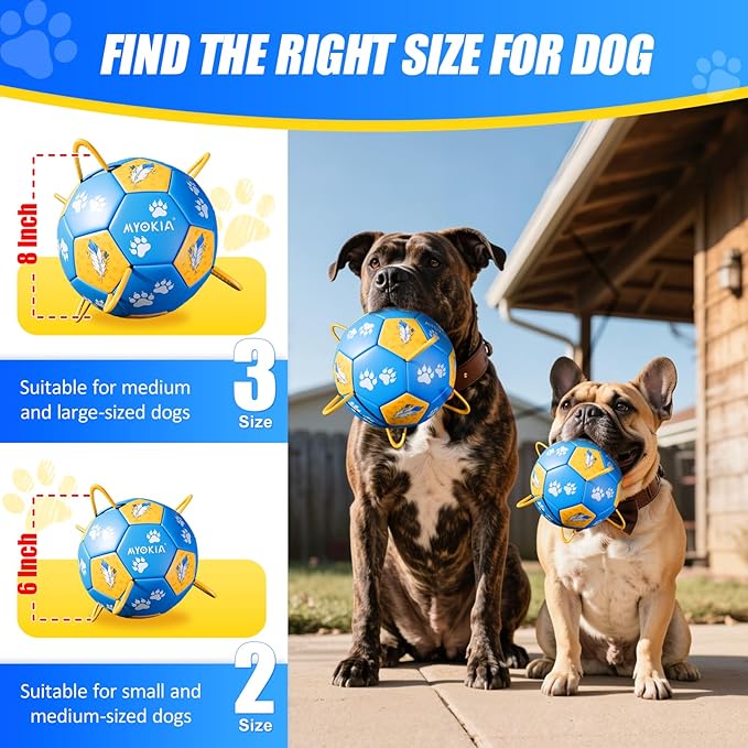 Size 3 Dog Soccer Ball with Straps Durable Training Ball for Pets Interactive Outdoor Dog Toy, Blue & Yellow, Paw Prints and Feather Design, for Medium & Large Puppies