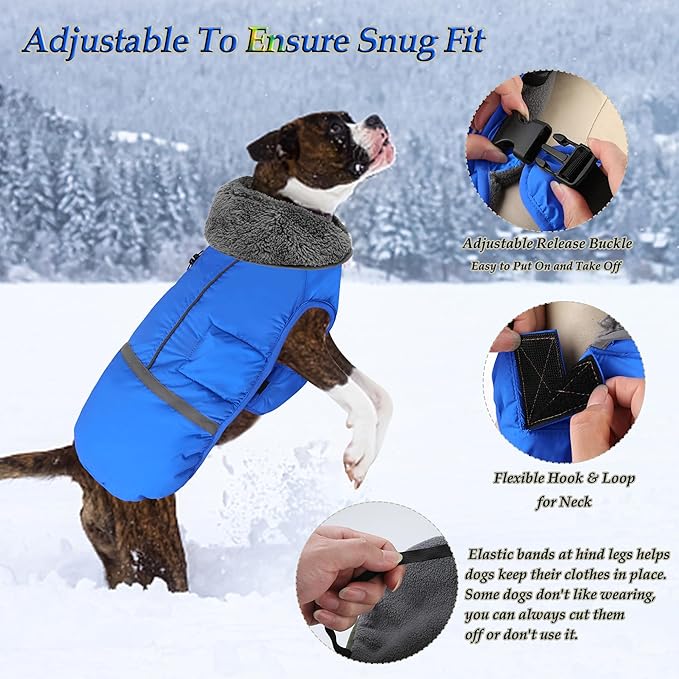 Dogcheer Warm Dog Coat, Waterproof Dog Jacket Christmas Puppy Winter Coat with Buckle, Reflective Adjustable Pet Snow Jacket Turtleneck Fleece Sweater for Small Medium Large Dogs - Blue, 3XL
