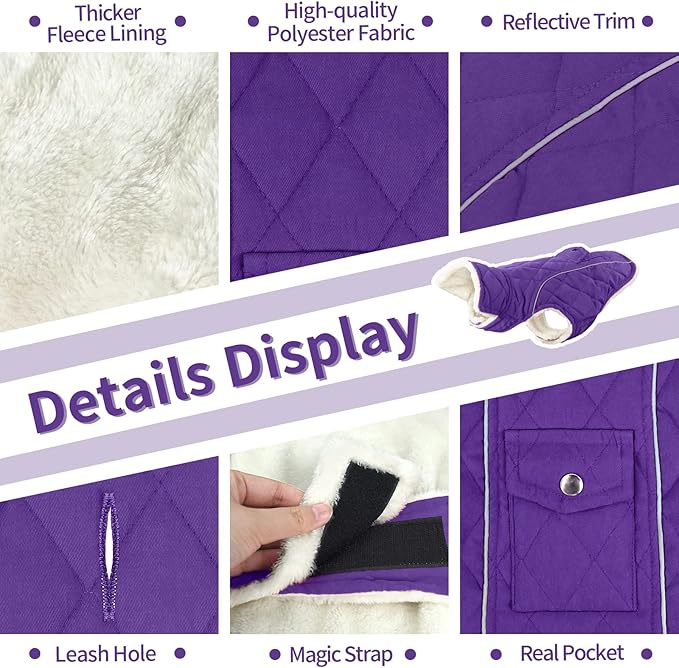 Malier Dog Winter Coat, Windproof Dog Cold Weather Coats with Real Pocket, Winter Extra Warm Pet Coat Fleece Jacket Reflective Clothes for Small Medium Large Dogs and Puppy (Purple, X-Small)