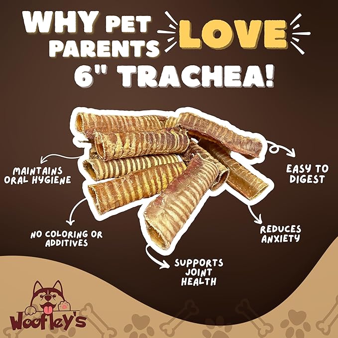 Woofley's Beef Trachea - (6 Inch 50 Pack) - Trachea Treats for Dogs - Natural Source of Glucosamine and Chondrotin for Joint Health - 100% Natural Beef Windpipe for Dogs