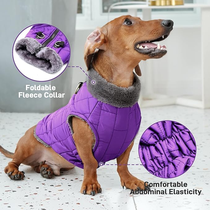 Warm Fleece Dog Coats with Durable Harness Buitl in D-Ring,Waterproof Puppy Jacket for Small Dogs,Dog Vest for Cold Winter,Purple S