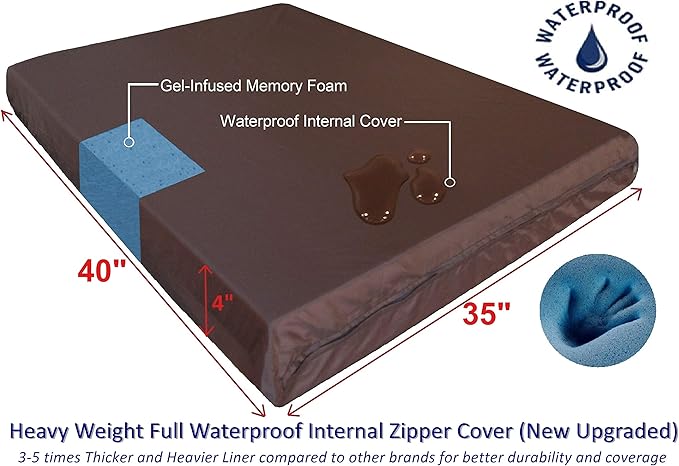 Dogbed4less Extra Large True Orthopedic Gel Memory Foam Pet Bed for Large Dogs, Waterproof Liner and Durable Black Canvas + Bonus Brown Microsuede Antislip Covers, XL 40X35X4 Inches.